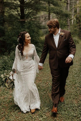 Vestido de novia de encaje de manga larga con espalda de encaje, vestido de novia para la playa WD547