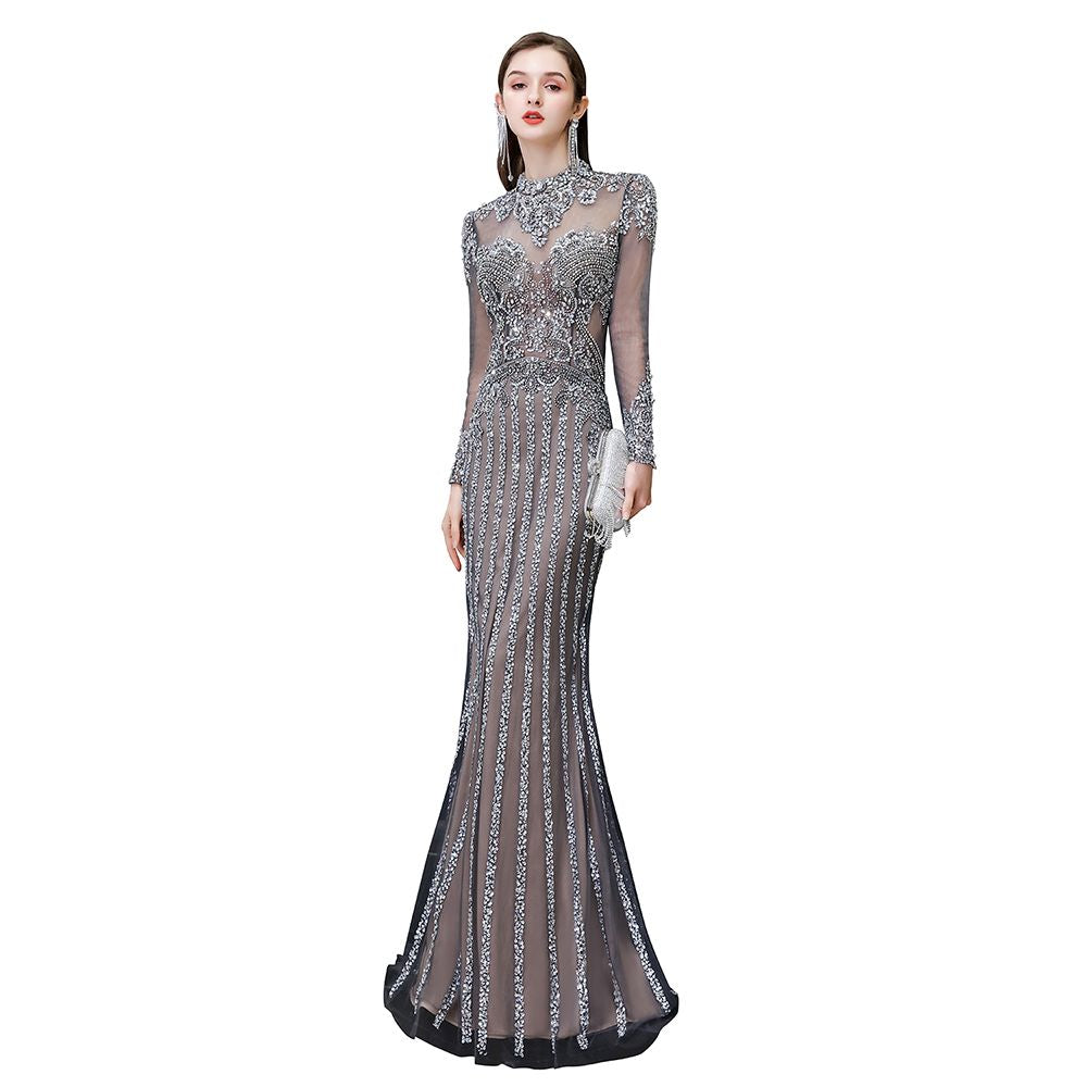 Robes de soirée sirène à manches longues et col montant à sequins