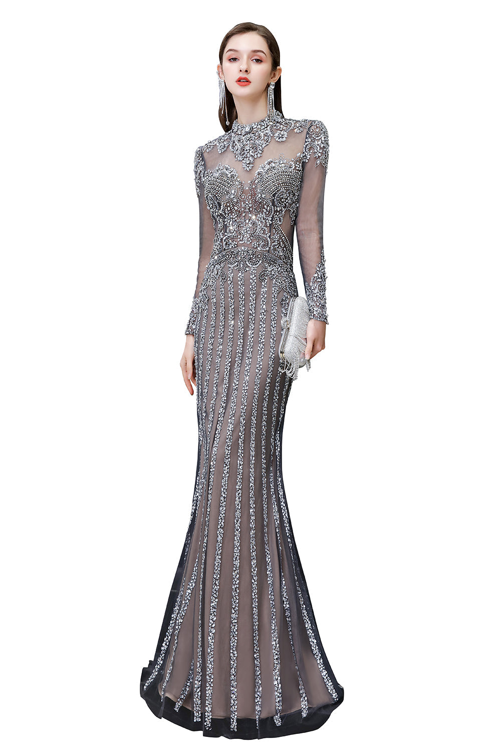 Robes de soirée sirène à manches longues et col montant à sequins