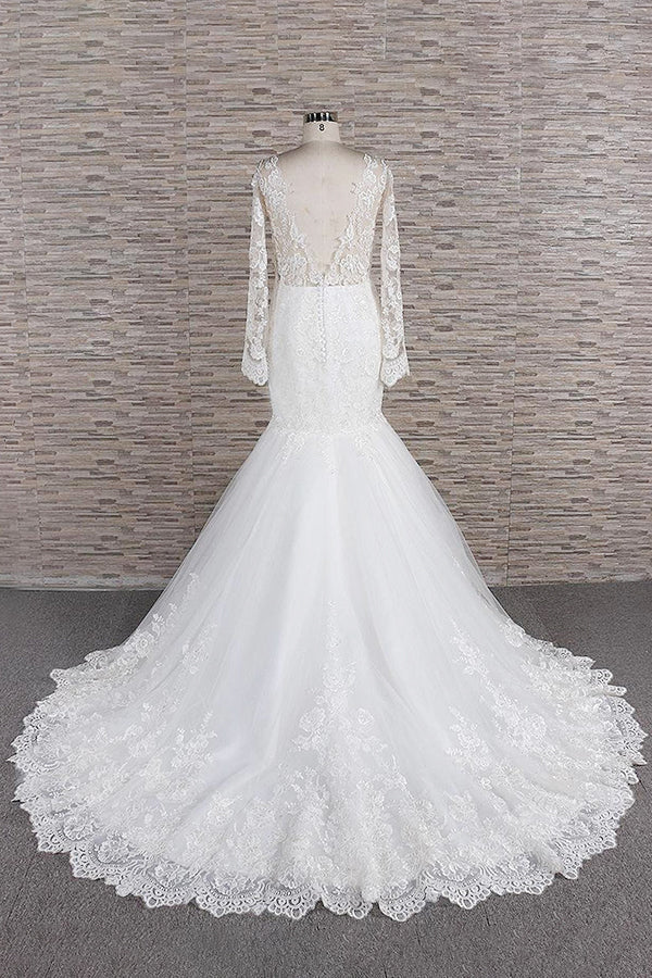 Robe de mariée sirène à manches longues, décolleté cœur, applications de dentelle et dos nu