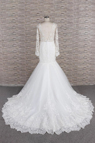 Vestido de novia largo de sirena con escote corazón, apliques de encaje y espalda descubierta