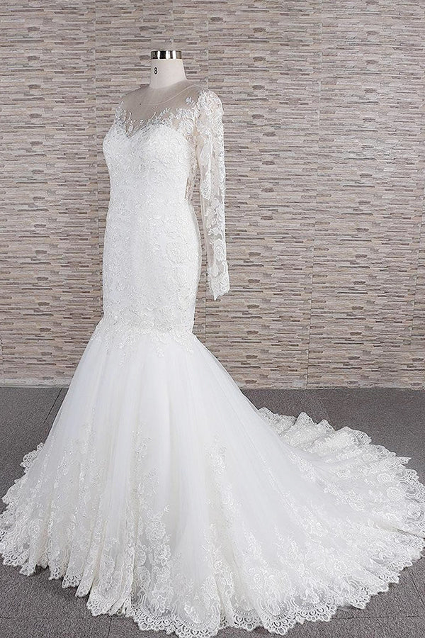 Robe de mariée sirène à manches longues, décolleté cœur, applications de dentelle et dos nu