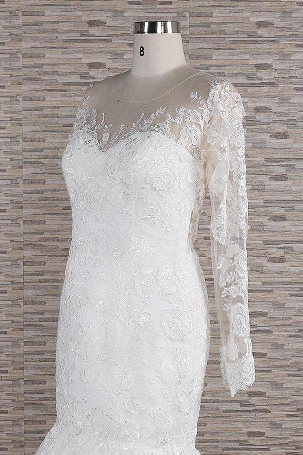 Robe de mariée sirène à manches longues, décolleté cœur, applications de dentelle et dos nu