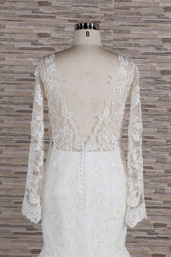 Robe de mariée sirène à manches longues, décolleté cœur, applications de dentelle et dos nu