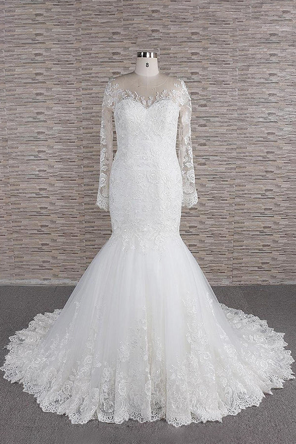 Robe de mariée sirène à manches longues, décolleté cœur, applications de dentelle et dos nu