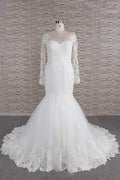 Robe de mariée sirène à manches longues, décolleté cœur, applications de dentelle et dos nu