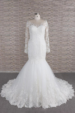 Vestido de novia largo de sirena con escote corazón, apliques de encaje y espalda descubierta