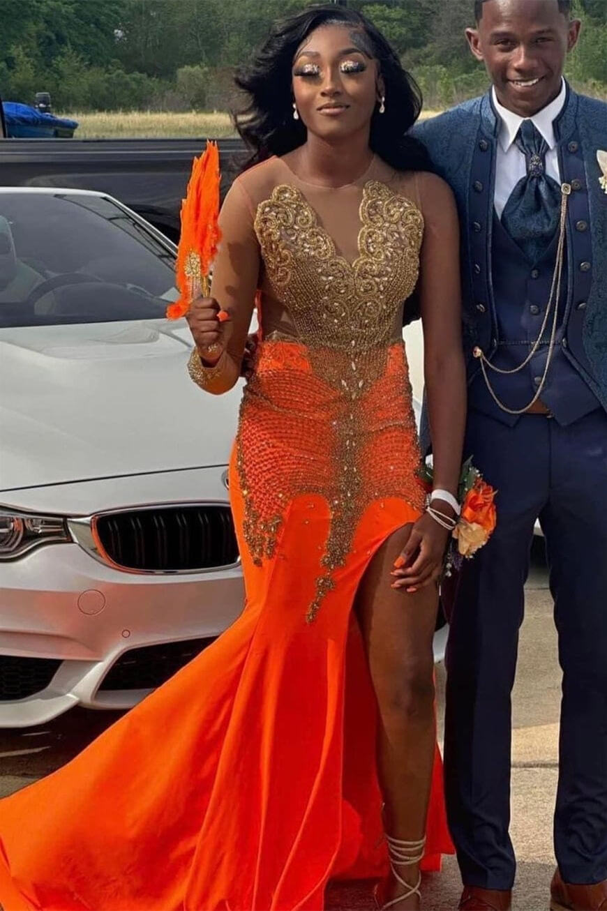Long Sleeve Orange Scoop Neck Mermaid Prom Dress With Beadings and Split