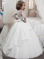 Robes de princesse à manches longues en tulle et col bijou pour Noël, anniversaire, première communion, demoiselle d'honneur