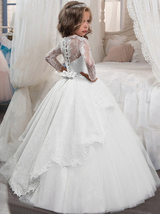 Vestidos de princesa de manga larga con cuello joya de tul y tul para Navidad, cumpleaños, primera comunión y niña de las flores