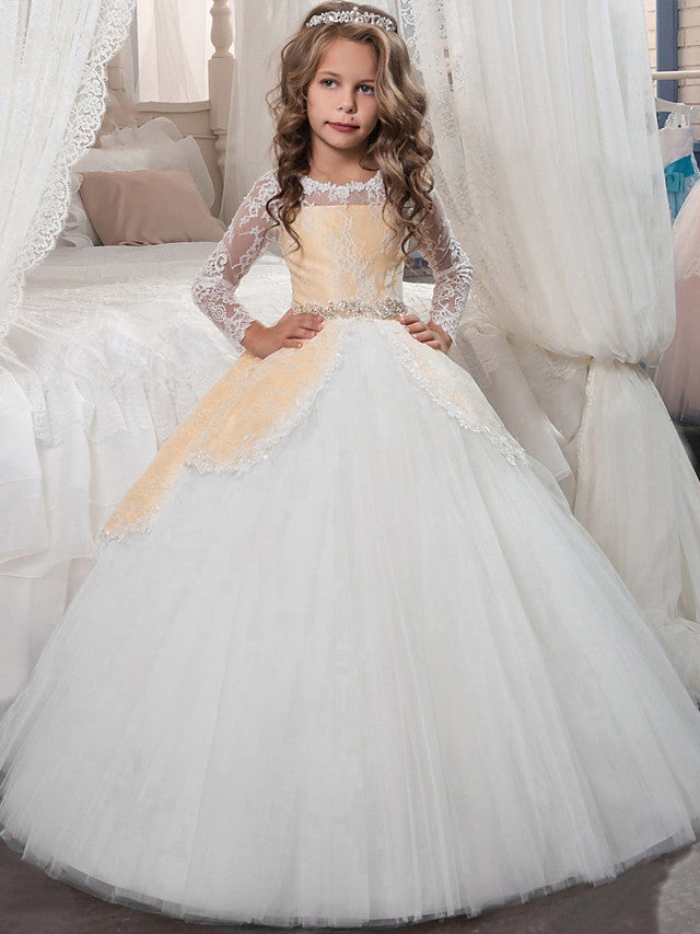 Vestidos de princesa de manga larga con cuello joya de tul y tul para Navidad, cumpleaños, primera comunión y niña de las flores