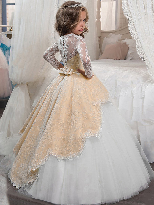 Vestidos de princesa de manga larga con cuello joya de tul y tul para Navidad, cumpleaños, primera comunión y niña de las flores