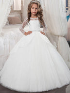 Robes de princesse à manches longues en tulle et col bijou pour Noël, anniversaire, première communion, demoiselle d'honneur