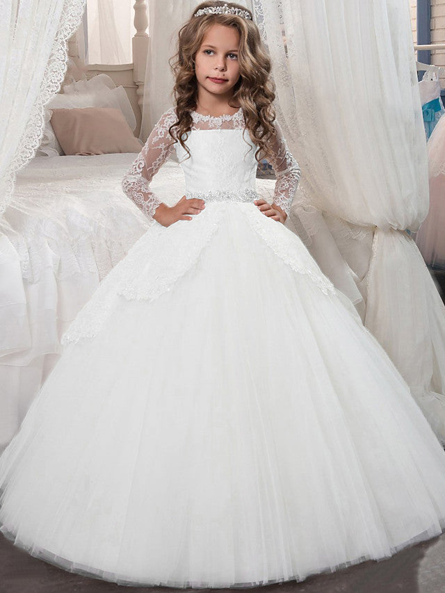 Vestidos de princesa de manga larga con cuello joya de tul y tul para Navidad, cumpleaños, primera comunión y niña de las flores