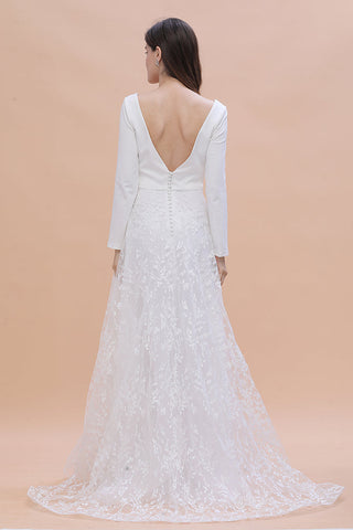 Vestido de novia bohemio de manga larga con escote en V, de satén, espalda descubierta y encaje.