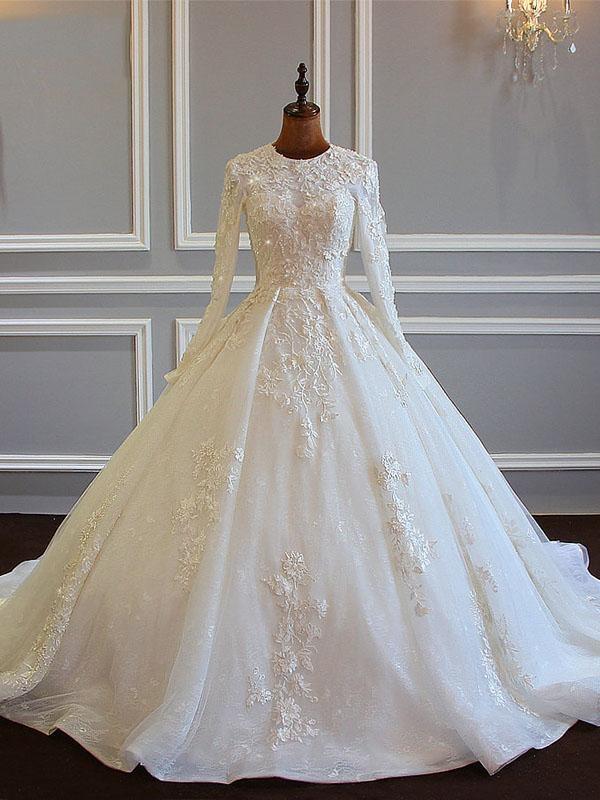 Robe de mariée en satin à manches longues et dentelle florale