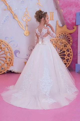 Vestidos de niña de las flores de corte A, manga larga, con apliques de encaje y organza