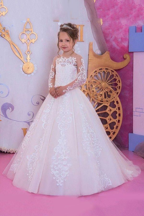 Vestidos de niña de las flores de corte A, manga larga, con apliques de encaje y organza