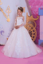 Vestidos de niña de las flores de corte A, manga larga, con apliques de encaje y organza