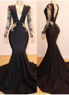 Long Sleeves Appliques Mermaid V-Neck Long Prom Dresses
