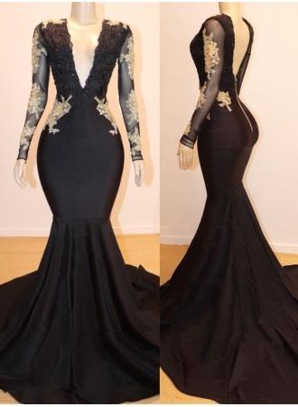 Long Sleeves Appliques Mermaid V-Neck Long Prom Dresses