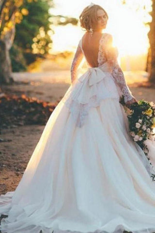 Vestido de novia de organza de manga larga con corpiño de encaje y pedrería WD164