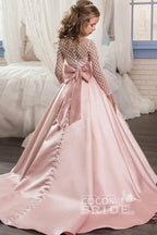 Vestido de gala de satén con mangas largas, escote redondo y bolsillos para niña de las flores