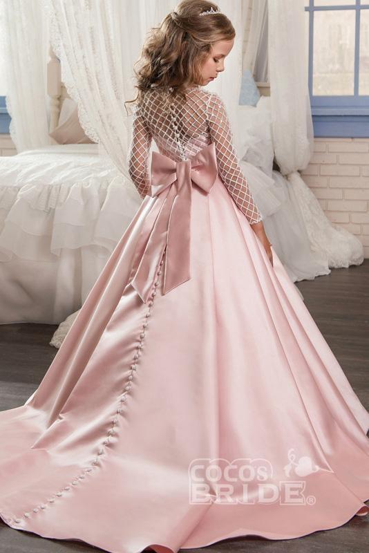 Vestido de gala de satén con mangas largas, escote redondo y bolsillos para niña de las flores