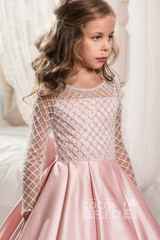 Vestido de gala de satén con mangas largas, escote redondo y bolsillos para niña de las flores