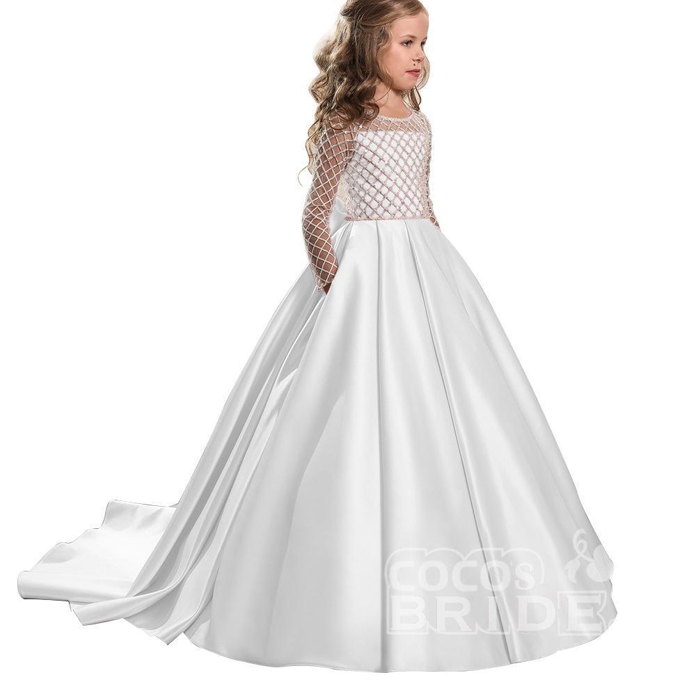 Vestido de gala de satén con mangas largas, escote redondo y bolsillos para niña de las flores