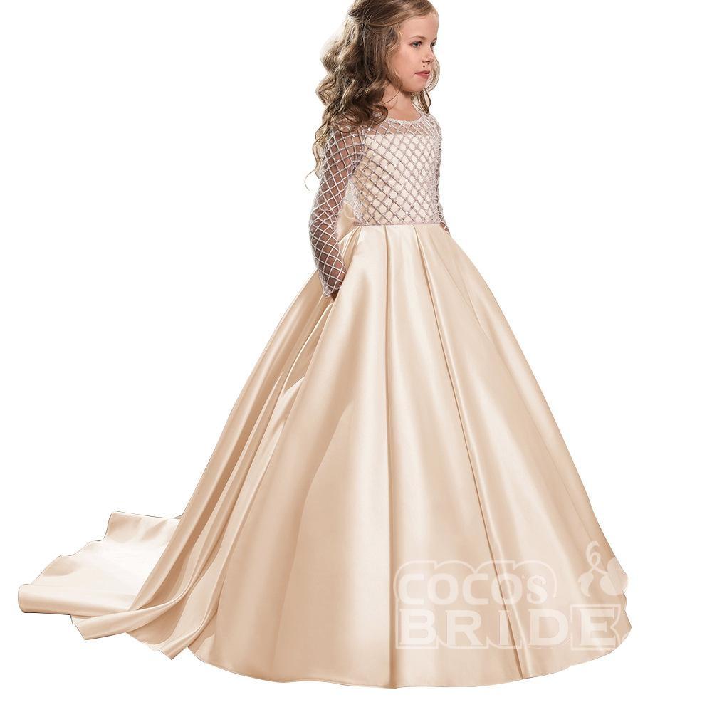 Vestido de gala de satén con mangas largas, escote redondo y bolsillos para niña de las flores