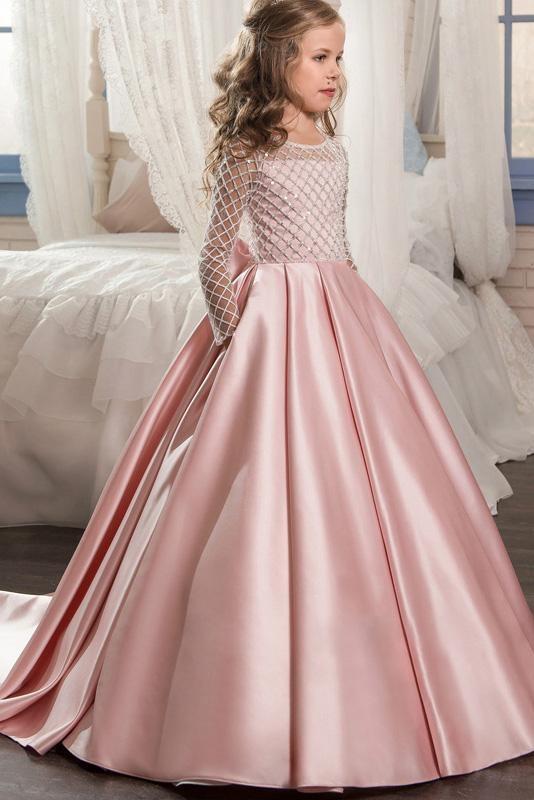 Vestido de gala de satén con mangas largas, escote redondo y bolsillos para niña de las flores