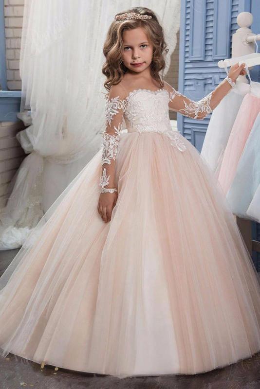 Vestido de gala de manga larga con tul y encaje, escote redondo, para niña de las flores