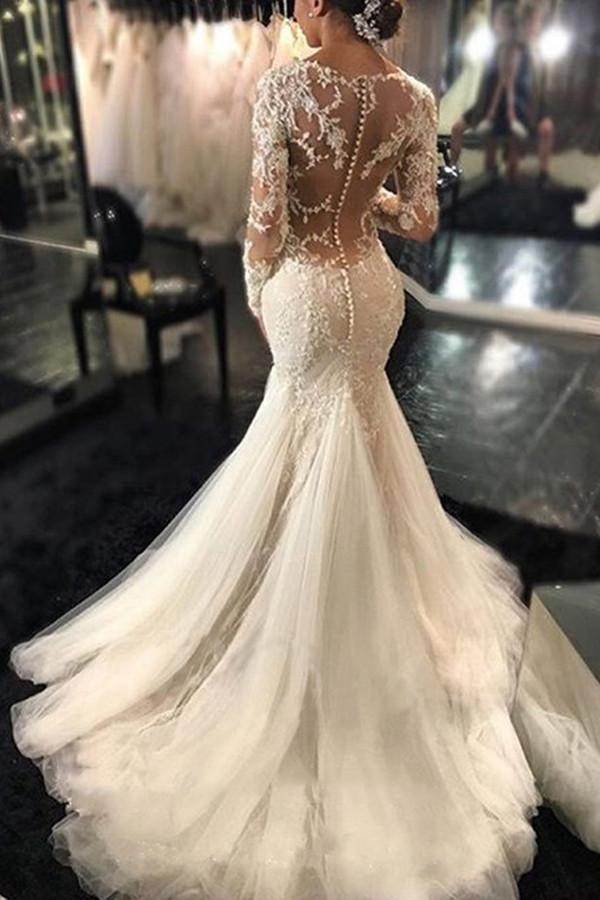 Robe de mariée ivoire à manches longues et traîne courte, ornée d'appliqués de dentelle WD037