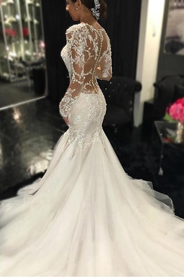 Robe de mariée ivoire à manches longues et traîne courte, ornée d'appliqués de dentelle WD037