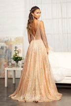 Vestido largo de fiesta de corte A con lentejuelas y mangas largas