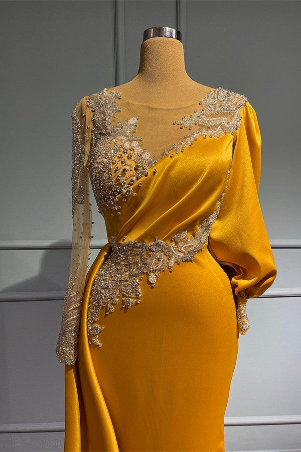 Vestidos de fiesta formales de satén con mangas largas, corte sirena, asimétricos, con joyas y pedrería.