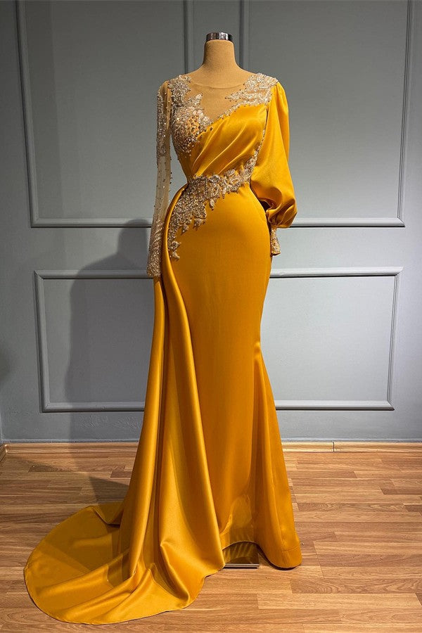 Vestidos de fiesta formales de satén con mangas largas, corte sirena, asimétricos, con joyas y pedrería.