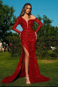Robe de bal sirène à sequins, manches longues, col en V et fente