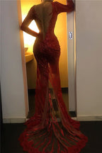 Long Sleeves Mermaid V-neck Backless Sequined Prom Dress with slit