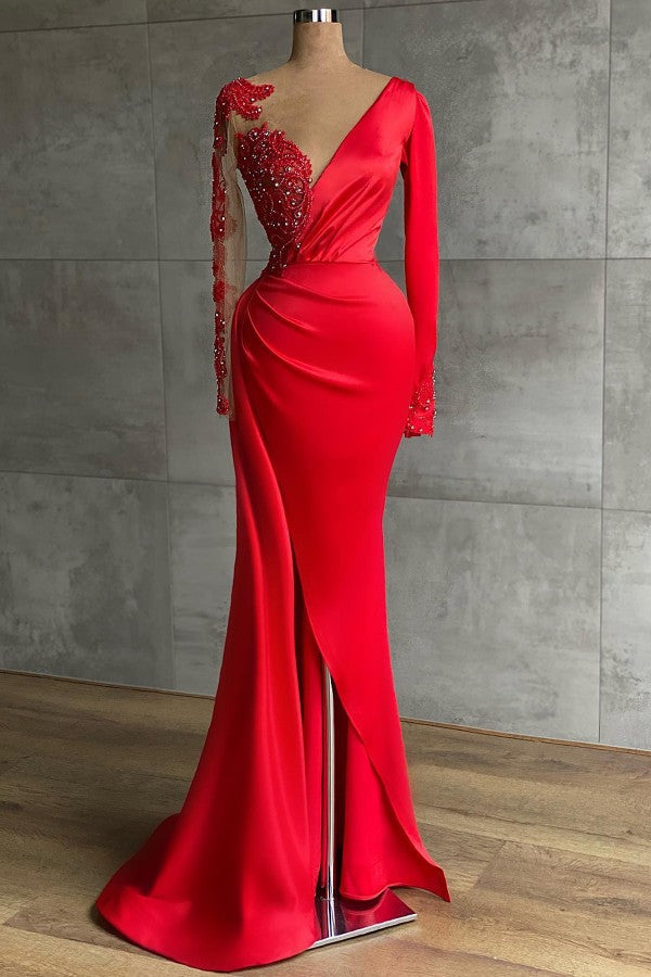 Vestido de fiesta de sirena de manga larga con escote en V, corte sirena y abertura, confeccionado en satén elástico.