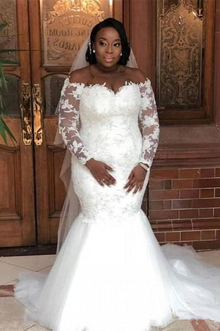 Vestido de novia de sirena de encaje con mangas largas y hombros descubiertos