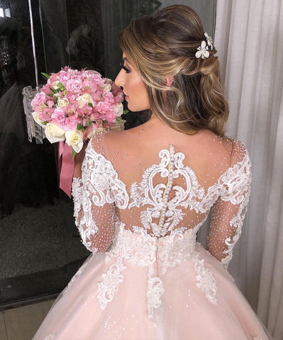 Vestido de novia de princesa con mangas largas, hombros descubiertos, tul, apliques de encaje floral y vestido de novia