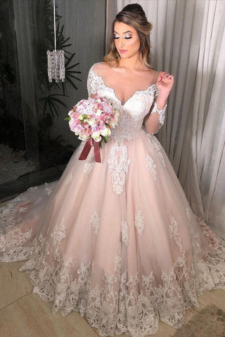 Vestido de novia de princesa con mangas largas, hombros descubiertos, tul, apliques de encaje floral y vestido de novia