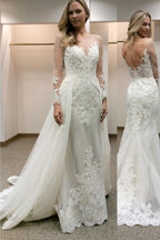 Vestido de novia de corte recto y manga larga con cola desmontable de encaje WD060