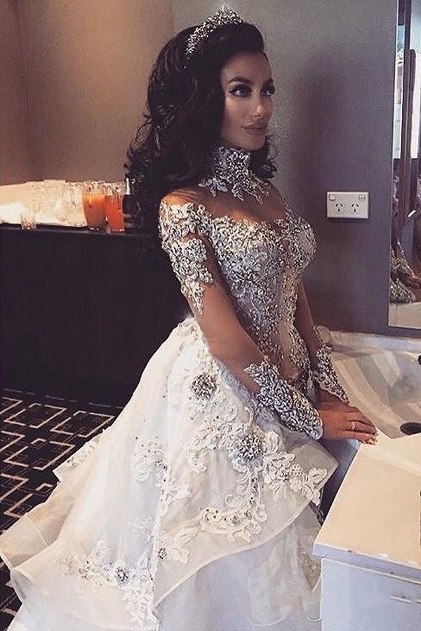 Long Sleeves Tulle High Neck Appliques Lace Wedding Dresses with Detachable Overskirt