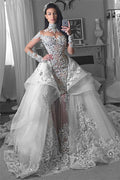 Long Sleeves Tulle High Neck Appliques Lace Wedding Dresses with Detachable Overskirt