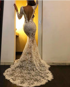 Robe de bal sirène blanche à manches longues, col en V en dentelle et fente