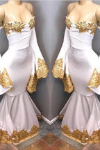 Long Sleevess Formal Dresses with gold appliques, mermaid Evening Party Gowns