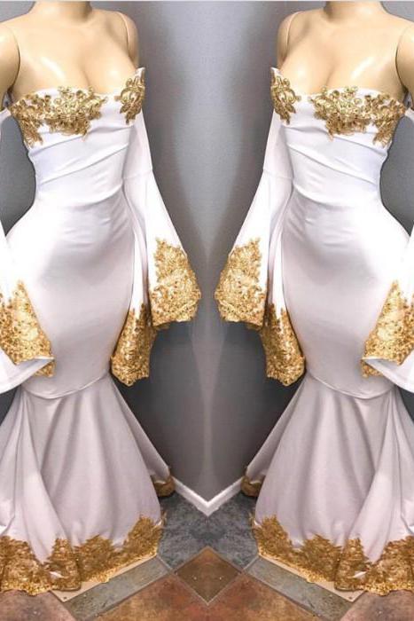 Long Sleevess Formal Dresses with gold appliques, mermaid Evening Party Gowns